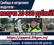 В Республике Алтай за информацию о пьяном водителе выплатят 10 тысяч рублей